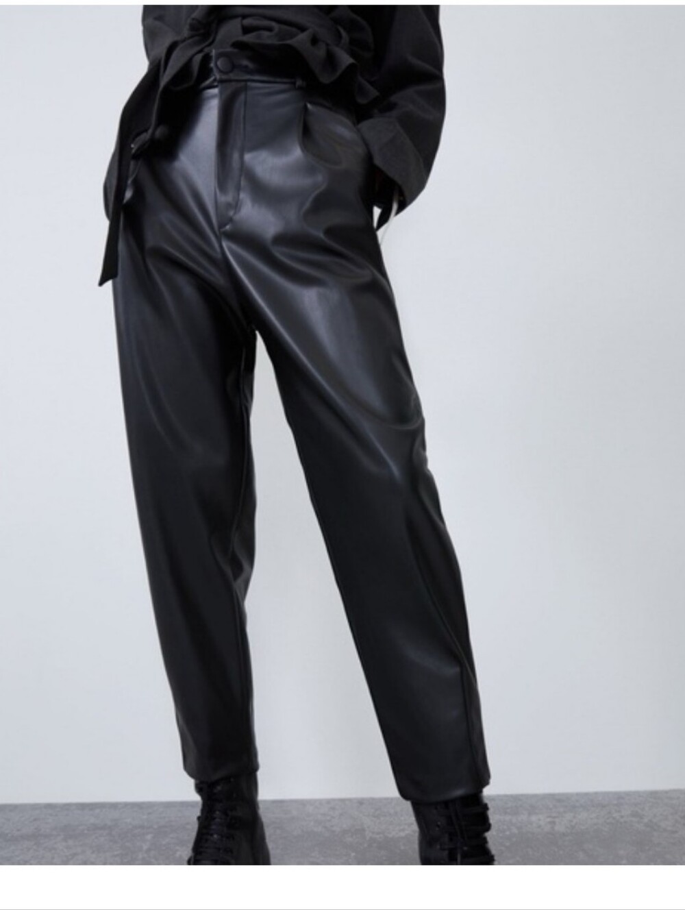 Zara Black Faux Leather Pleated Tapered Pants